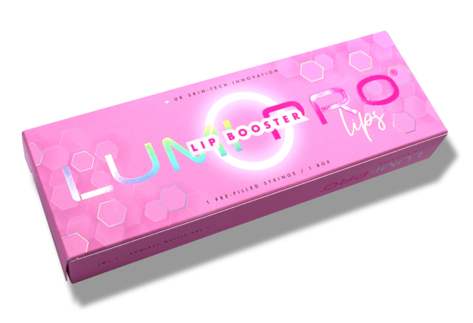 LUMI-PRO lip booster hyaluronic acid box with vibrant pink design and logo